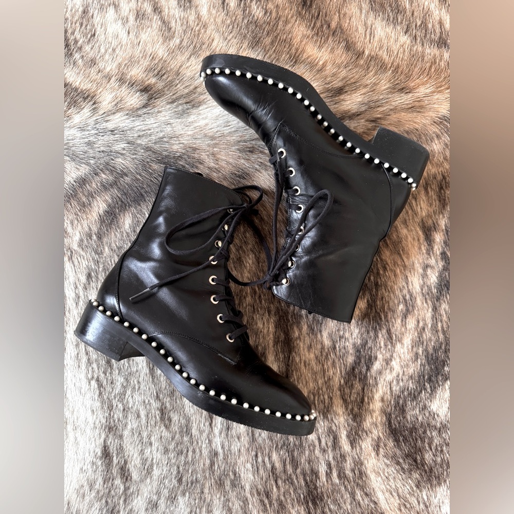 STUART WEITZMAN “Allie” pearl embellished ankle boot.